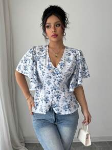 Roveilla 大码女式优雅花卉 V 领收腰 A 字短袖衬衫，适合正式、休闲、工作、旅行、乡村风格、音乐节 - 藍白色 - 查看 6