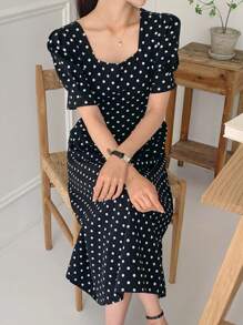 DAZY 女士迷你方领波点泡泡袖蝴蝶结腰优雅中长连衣裙挤奶女工连衣裙女士夏季衬衫女士上衣女士夏季套装，休闲女装 - 黑色 - 查看 4