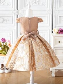 少女提花圆领短袖优雅时尚派对连衣裙 - 卡其色 - 查看 2