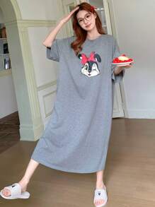 DAZY Cute Cartoon Pattern Printed Loose Nightgown Pajama - Grey - View 8