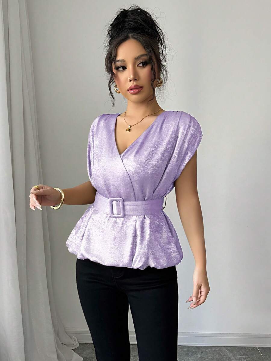 Elenzga Women's Elegant Casual Holiday Commute Valentine's Day Plain Shimmery Metallic Fabric Crossover Peplum Top With Ruched Shoulders, Day-Style Buckle, And Self-Tie Belt, Cropped Length, Spring/Summer - Mauve Purple - View 1
