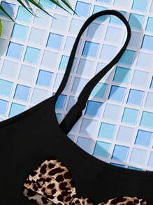 Conjunto de traje de baño con top tipo camiseta de ajuste ceñido y Bottom triangular con diseño de lazo y estampado de leopardo vintage, apropiado para el verano, para niñas jóvenes - Multicolor - Ver 4