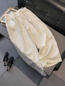 SHEIN Unity Plus Size Women Elegant Jacquard Metallic Button Long Pants Fall Cloth For Women - Beige - View 2