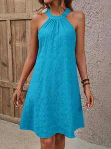 SHEIN Clasi Đầm cổ yếm họa tiết trơn màu đơn giản cho nữ, mùa hè - Màu xanh lam - Xem 3