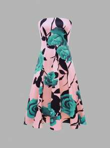 EMERY ROSE 2pcs/Set Women Solid Front Tie Long Sleeve Top And Floral Print Tube Dress Fall Cloth For Women