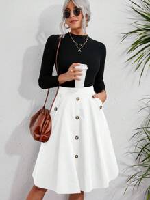 SHEIN Clasi Casual Front Button Mid-Length A-Line Skirt - White - View 5