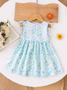 SHEIN 婴儿/幼儿女孩甜美可爱宽松舒适编织花卉图案蝴蝶结前褶边袖粉色休闲连衣裙，春夏新品