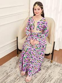 SHEIN Tween Girl Floral Print Gold Ribbon Trim Ruffle Long Sleeve Dress - Purple - View 3