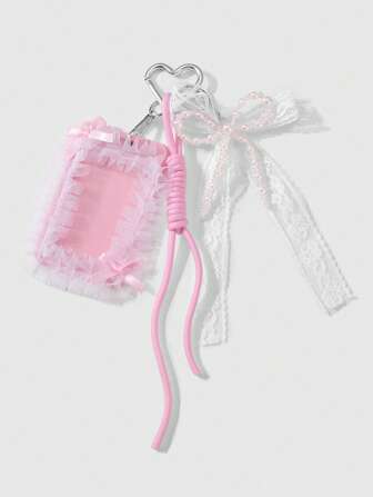 Kawaii 1 pieza Elegante y dulce tarjetero de identificación con lazo de encaje hecho a mano con flores de tul y perlas falsas, ajustable, color rosa, adecuado para trabajadores de oficina, estudiantes, uso diario, regalo para vacaciones