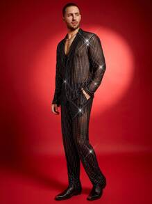 FeverCity Men's Mesh Patchwork Loose Fit Long Sleeve Suit Set - Black - View 3