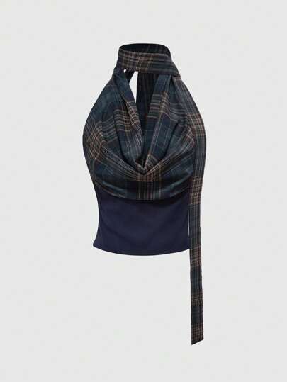 Y2K sexy modernes karierten Schal drapierter Ausschnitt Akzent geraffte Taille Trägershirt