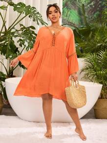 SHEIN VCAY Đầm xòe tay loe ren màu tương phản cho kỳ nghỉ cỡ lớn dành cho nữ - trái cam - Xem 4