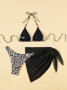 Swim Vcay 3pcs Women's Halter Triangle Bra And Side Tie Triangle Bikini Swimsuit Set For Summer Beach Vacation - Black - View 2