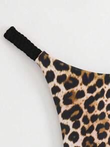 Swim Vcay 2pcs Valentine's Women's Summer Beach Sexy Leopard Print Drawstring Strap Thong - Black - View 4