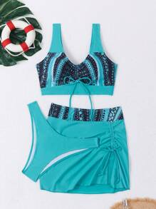 SHEIN Swim Lushore 3 件套海滩女士夏季服装，前抽绳泳衣上衣 + 常规内裤 + 抽绳下摆全印花裙，优雅比基尼套装 - 藍色 - 查看 3