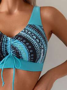 SHEIN Swim Lushore 3 件套海滩女士夏季服装，前抽绳泳衣上衣 + 常规内裤 + 抽绳下摆全印花裙，优雅比基尼套装 - 藍色 - 查看 7