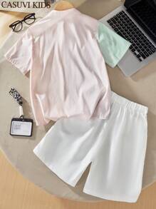 SHEIN Tween Boy Contrast Collar Polo Shirt And Shorts Set - White - View 2