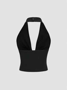 SHEIN PETITE Women's Black Deep V-Neck Halter Backless Bodycon Tank Top, Super Stretchy Soft Comfortable Minimalist Casual Daily Vacation Versatile For Petite Women, Spring/Summer - Black - View 2
