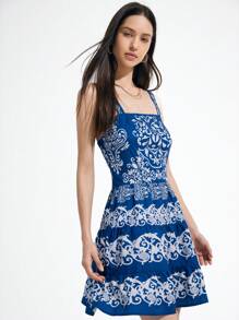 Femmeiva Blue & White Porcelain Retro Print Adjustable Waist Suspender Dress, Holiday Style With Contrasting Patterns, Short Dress For Women - Navy Blue - View 4