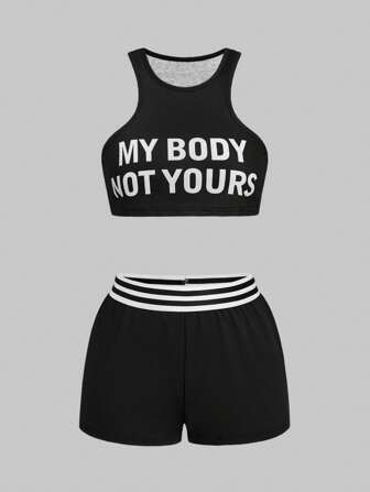Grunge Punk Set di biancheria intima da casa composto da canotta con stampa di slogan in stile gotico per college e pantaloncini con vita elastica