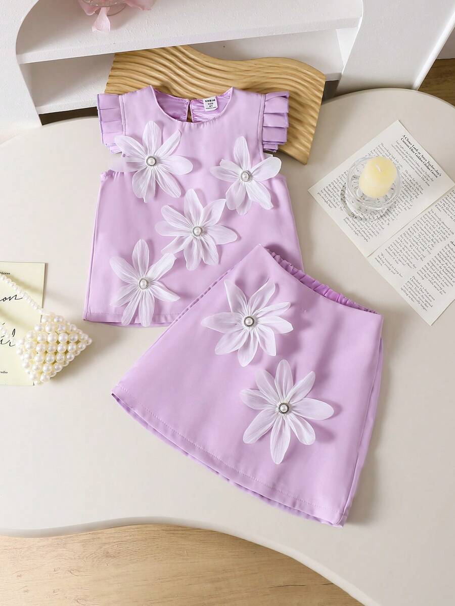 2pcs Set Girls Stylish Pearl 3D Floral Design Top With Skirt Suit, Elegant Princess Outfit, Summer - Purple - View 1