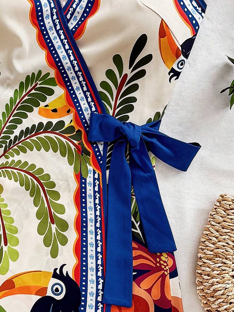 Soleia Women's Vacation Tropical Element Coconut Tree Palm Leaf Spaghetti Strap Mini Wrap Dress,Bohemia - Multicolor - View 4