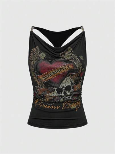 Grunge Punk Y2K Vintage Skull Wing Heart Print Rhinestone Backless Halter Tank Top For Women