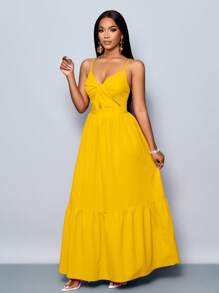 SOLERSUN 女士浪漫橙色海滩度假 V 领褶皱露背 A 字形吊带长裙，适合春夏夏威夷