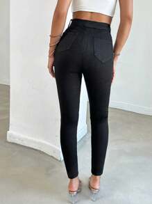 SHEIN Tall 98% 纯棉高腰紧身黑色长款牛仔裤 - 黑色 - 查看 2