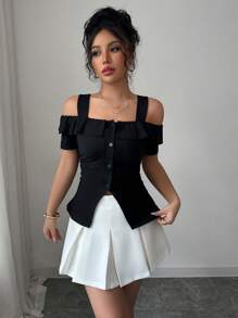 Elenzga Women's Off Shoulder Stylish Split Hem French Design T-Shirt, Summer' - Black - View 5