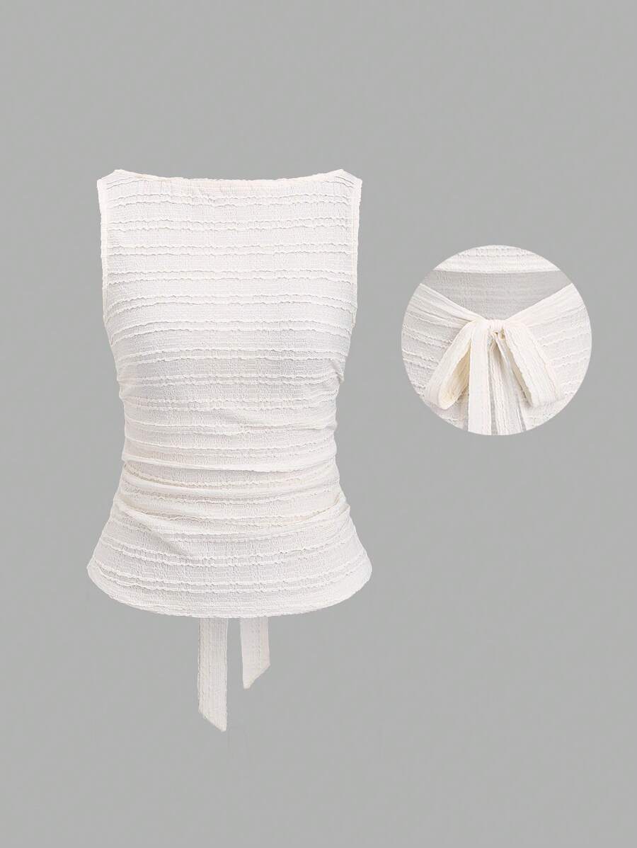 Sweetra Women's Plain Color Ruffle Edge Crew Neck Casual Tank Top White - Beige - View 1