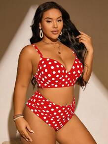 Swim Mod Plus Size Women Polka Dot Print Spaghetti Strap Push Up Swimwear Set For Summer Beach Vacation - Red - View 4
