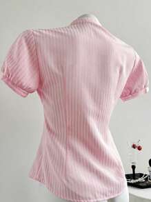 Elamini American Stylish Versatile Simple Waist Cinching Striped Blouse Top For Women - Pink - View 2