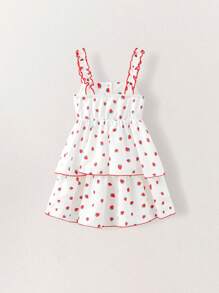 SHEIN Young Girls Strawberry Pattern Casual Vacation Cute Sleeveless Dress, Spring/Summer - Multicolor - View 7