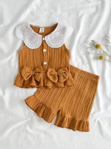 SHEIN Conjunto de verão para bebê menina com blusa elegante sem mangas com gola e laço, combinada com shorts casuais da moda. Ideal para usar em casa, em momentos de lazer, atividades ao ar livre e encontros com amigos. - Castanho - Ver 6