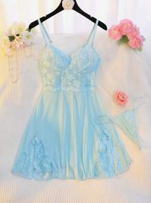 Eraneu Lace & Mesh Splice Front Slit Sexy Nightdress + Thong 2 Pieces Set For Women