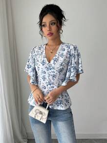 Selianne 女士春夏法式优雅休闲通勤度假下午茶花卉印花 V 领收腰褶皱鱼尾泡泡袖衬衫 - 藍白色 - 查看 5