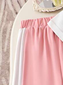 SHEIN 2 件女童宽松粉色蝴蝶结拼接白色短袖 T 恤和粉色和白色拼接休闲裤，适合春夏休闲、运动、舒适、购物和度假 - 白色 - 查看 5