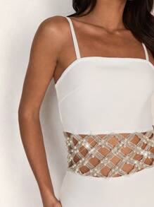 Glamine Luxe, met imitatieparels en strass versierde bodycon-slinky bandage mini-jurk voor dames, jurken voor dames, zomerjurken voor dames, witte jurken voor dames, mini-jurk,