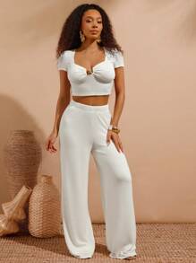 Vixey Calça de Perna Larga com Cintura Elástica Canelada, Streetwear para Mulheres, Casual para Mulheres, Férias na Ilha - Bege - Visão 1