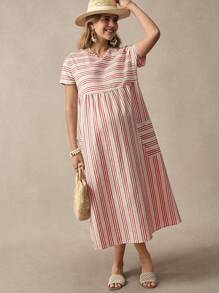 SHEIN Boho Maternity Patch Pocket Striped Dress - Red - View 6