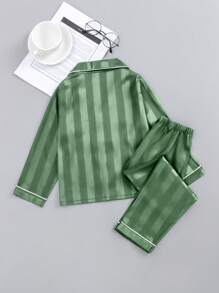 Young Boy Jacquard Stripe Long Sleeve Top And Pants Pajama Set For Autumn Pajama Sets Satain Stripe Pajamas Sets  Boys Shirt And Pants Sets Young Boys Clothing Pajamas Boys Shirt Sets Young Boys Casual Sets Young Boys Clothing 4t - Army Green - View 2