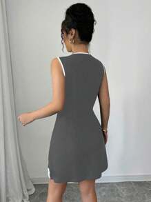 Elenzga Abito casual ed elegante da donna per primavera ed estate, a maglia, con collo rotondo, decorazione fiocco, linea ad A, corto e aderente