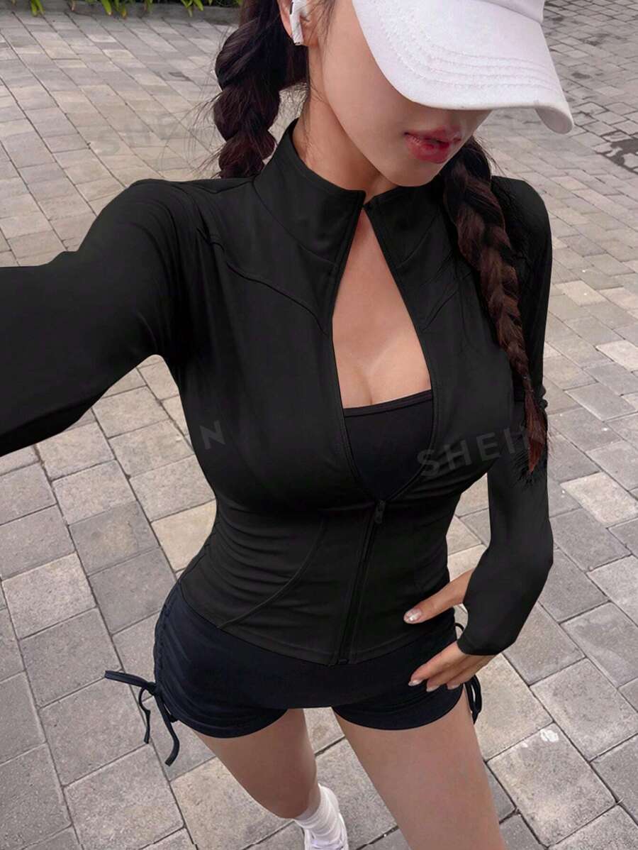 DAZY Chaqueta de manga larga de cuello simulado elástica de unicolor y ajustada para mujer, deportiva y casual, para primavera y otoño