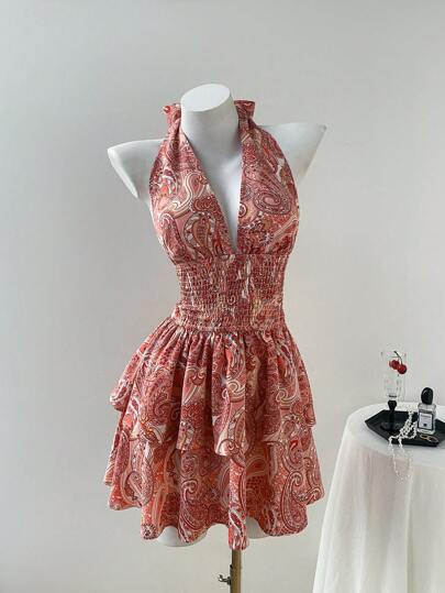 Elamini Sexy Women V-Neck Sleeveless Halter High Waist Ditsy Floral Casual Vacation Mini Dress, Spring/Summer