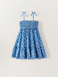 SHEIN Young Girls' Summer Daisy Print Print Ruffled Hem Bowknot Strap Dress,Versatile For Outing, Home, Holiday - Multicolor - View 8