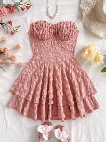Soleia Plus Size Women Romantic Pink Ruffled Asymmetric Hem Halter Mini Dress, Suitable For Christmas Party, Dating