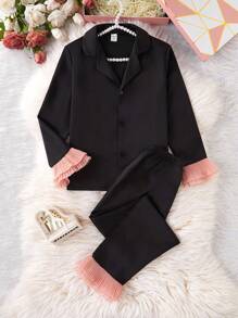 SHEIN 2pcs/Set Tween Girls Elegant Sweet Comfortable Satin Contrast Net Ruffle Hem Loungewear Set - Black - View 4