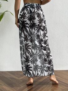 Swim Vcay 1 件女式长袖雪纺印花沙滩罩衫，黑白棕榈树图案，夏季 - 黑與白 - 查看 2