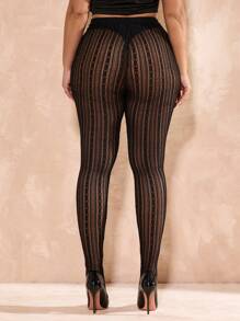 SHEIN BAE New Spring And Summer Plus Size Women's Black Lace See-Through Stockings/Bottoms, Sexy Leggings, Club Women Sexy, Spring For Women, Summer, Holiday Night, Birthday Women, Wedding, Vacation Women, Concert, Gyaru - Black - View 7